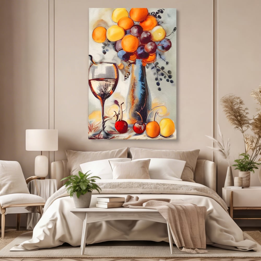Tablou canvas cu tablou cu sticla, pahar de vin si fructe, fara rama, pe sasiu de lemn, pe perete intr-un dormitor