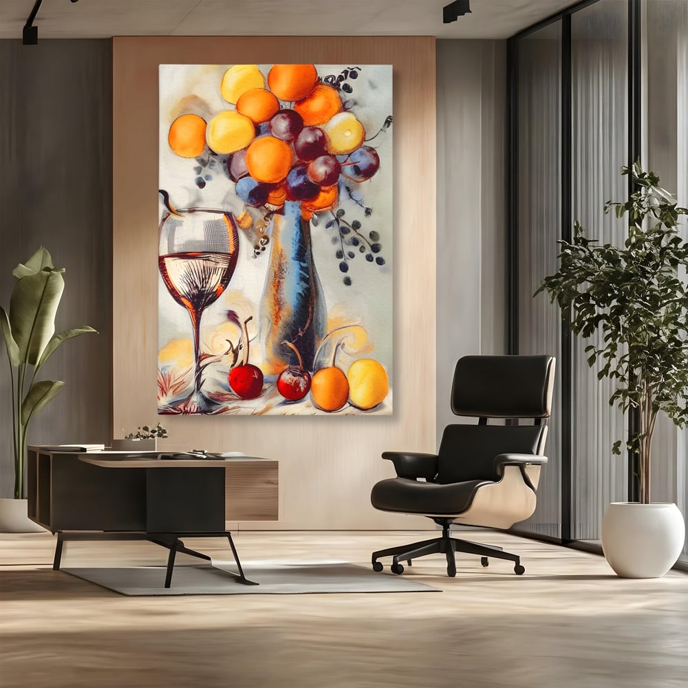 Tablou canvas cu tablou cu sticla, pahar de vin si fructe, fara rama, pe sasiu de lemn, pe perete intr-un birou