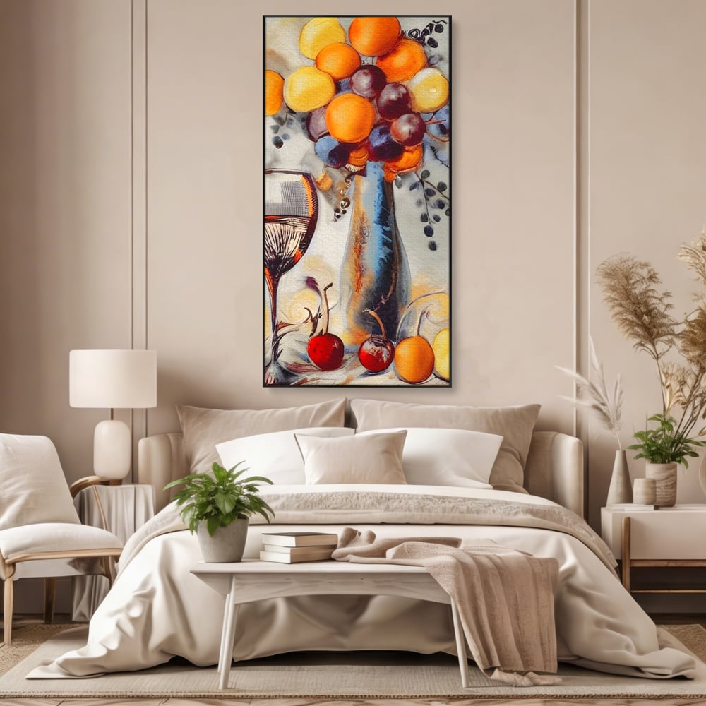 Tablou canvas cu tablou cu sticla, pahar de vin si fructe, in rama de aluminiu negru, pe perete intr-un dormitor