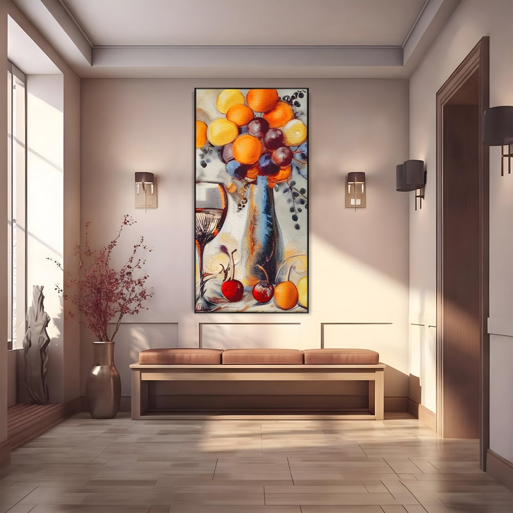 Tablou canvas cu tablou cu sticla, pahar de vin si fructe, in rama de aluminiu negru