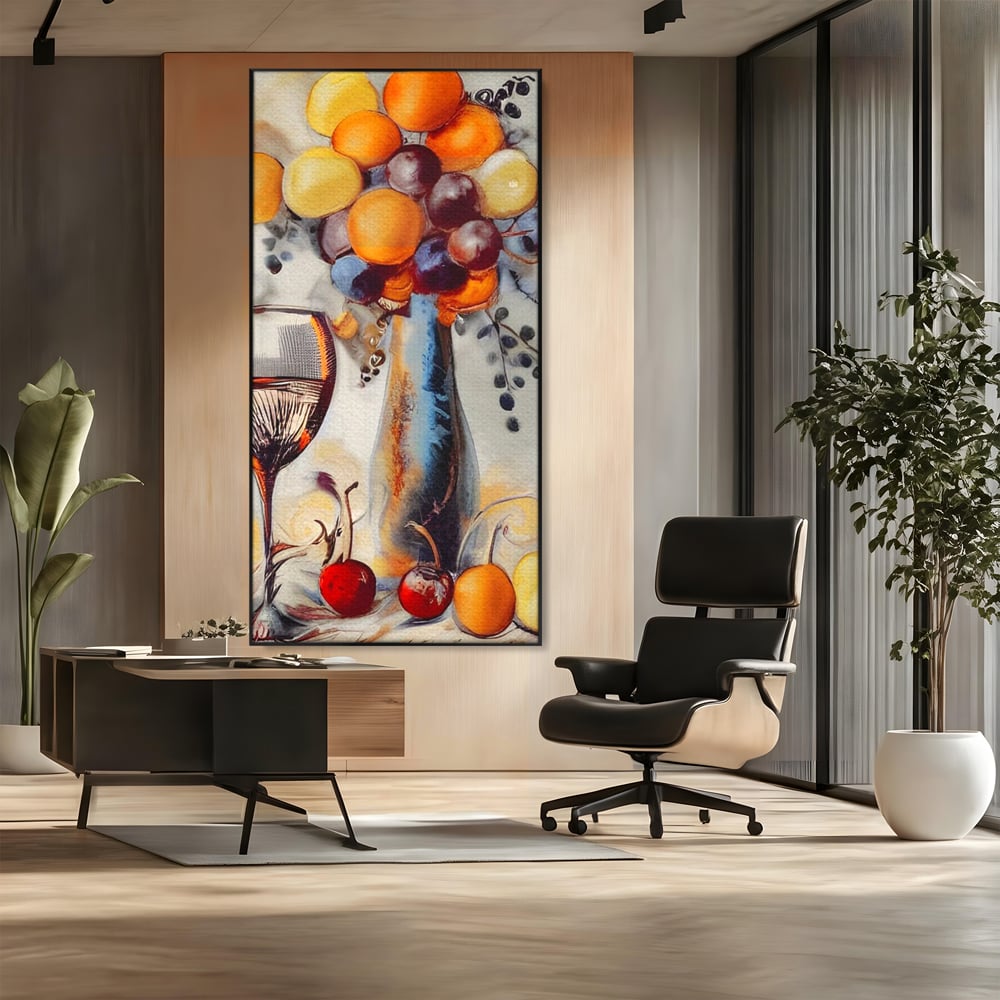 Tablou canvas cu tablou cu sticla, pahar de vin si fructe, in rama de aluminiu negru, pe perete intr-un birou