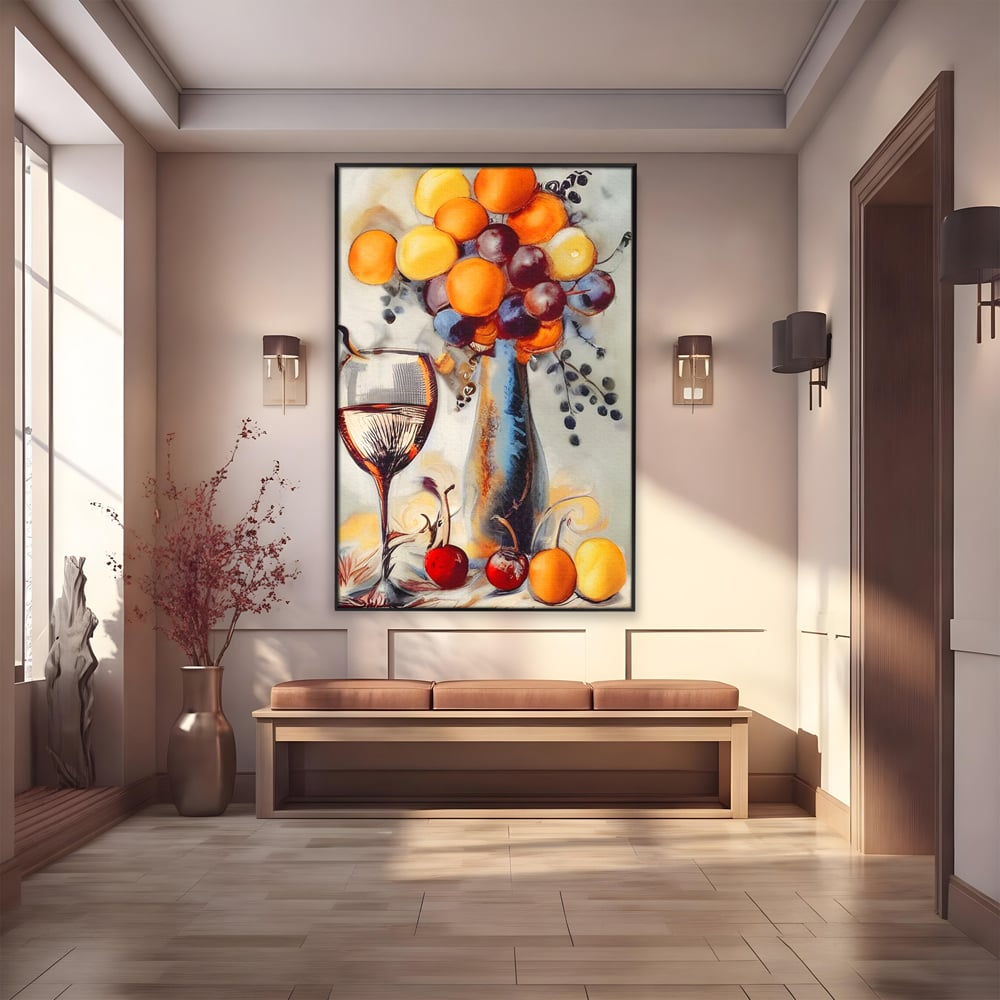 Tablou canvas cu tablou cu sticla, pahar de vin si fructe, in rama de aluminiu negru