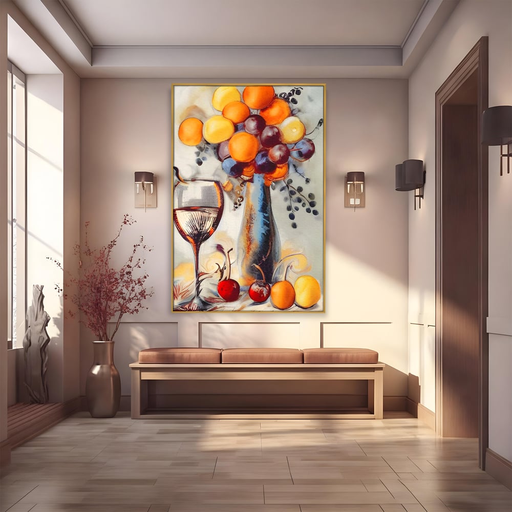 Tablou canvas cu tablou cu sticla, pahar de vin si fructe, in rama de aluminiu auriu