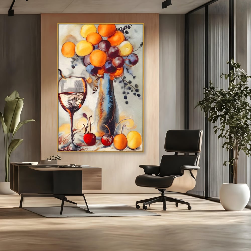 Tablou canvas cu tablou cu sticla, pahar de vin si fructe, in rama de aluminiu auriu, pe perete intr-un birou