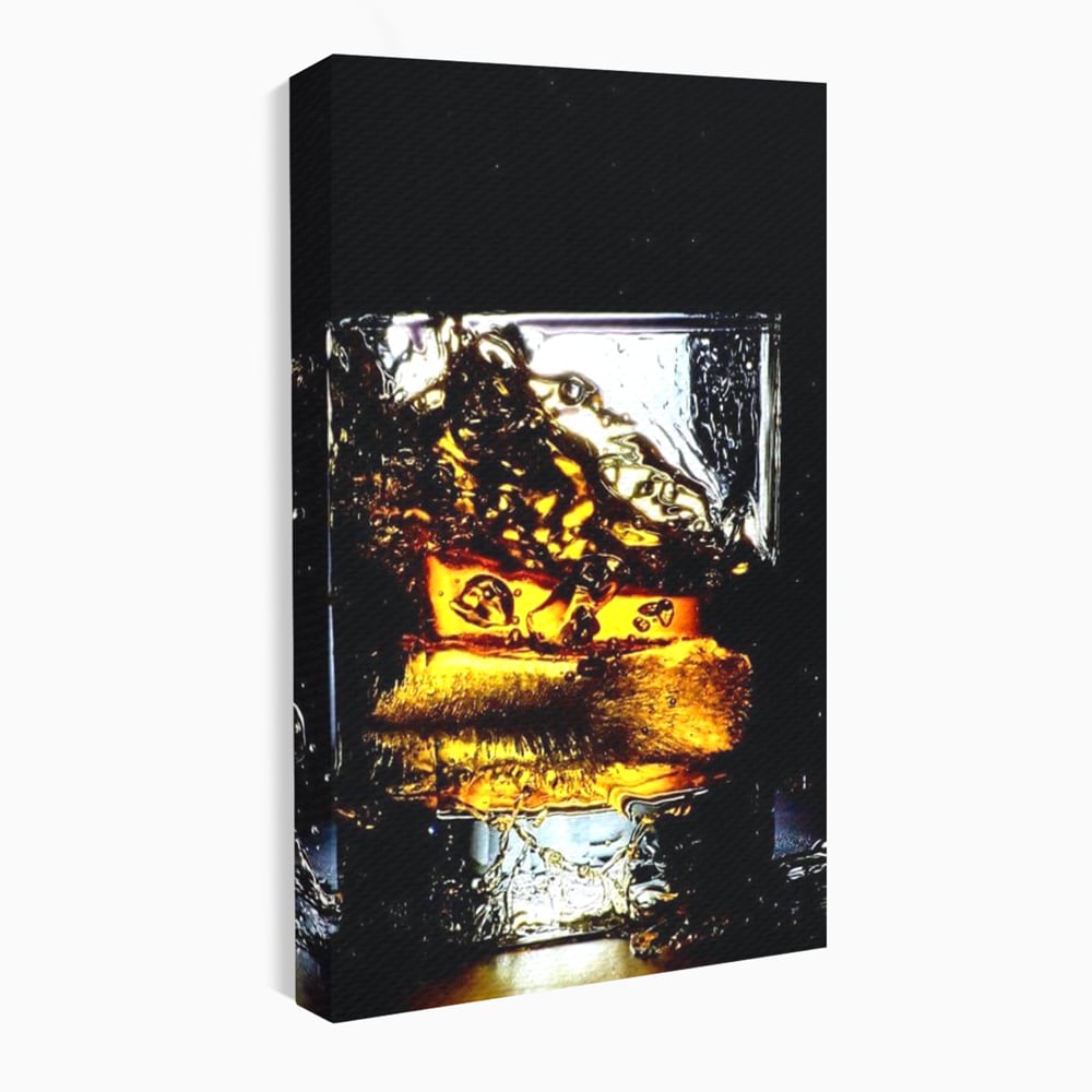 Tablou canvas cu tablou canvas cu pahar de whisky si gheata, fara rama, pe sasiu de lemn