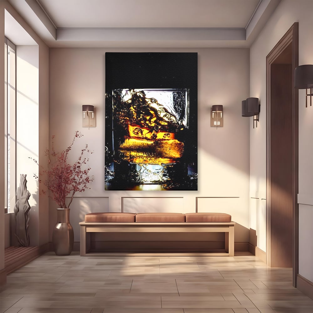 Tablou canvas cu tablou canvas cu pahar de whisky si gheata, fara rama, pe sasiu de lemn