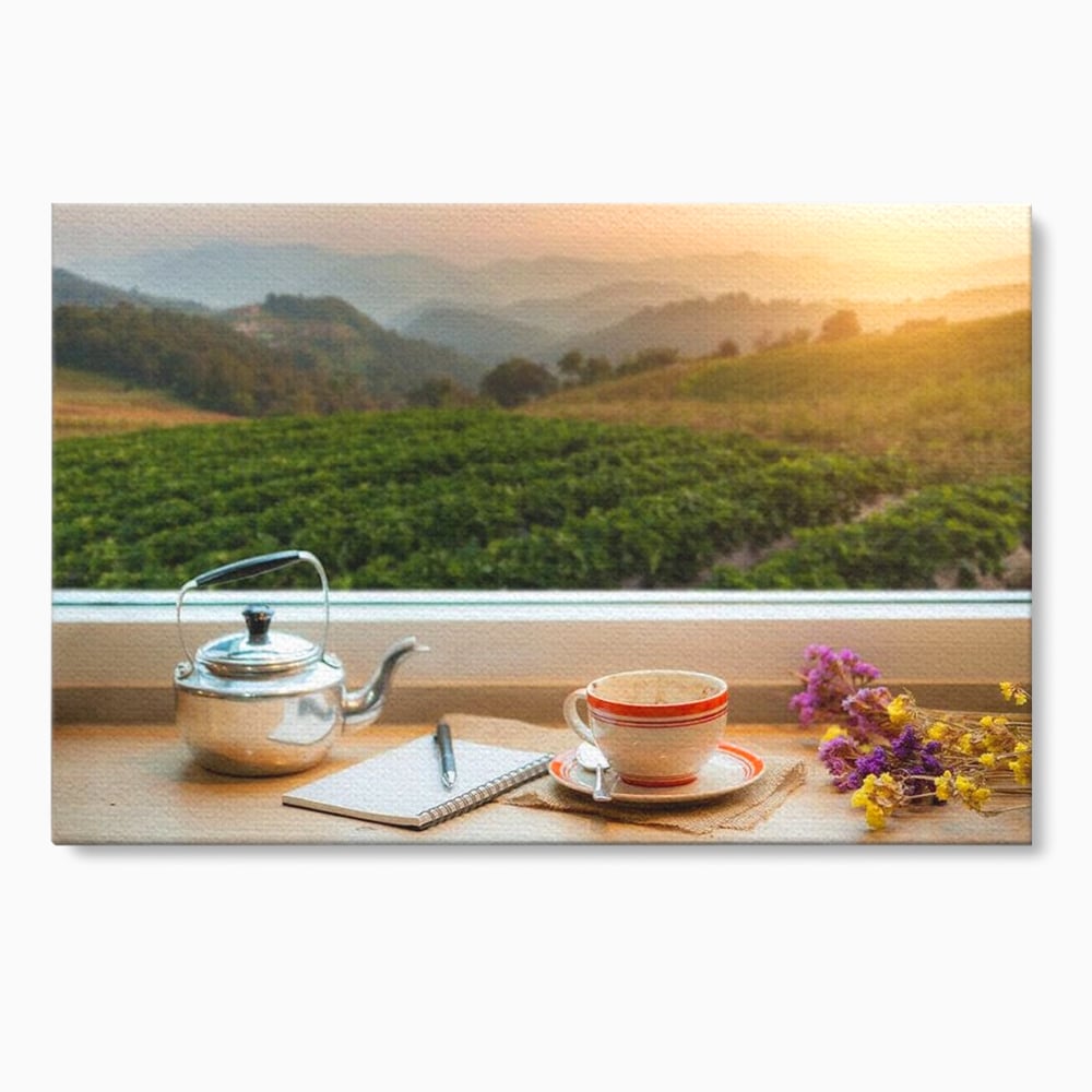 Tablou canvas cu tablou canvas cu peisaj matinal si ceainic pe pervaz, fara rama, pe sasiu de lemn