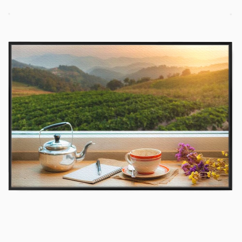Tablou canvas cu tablou canvas cu peisaj matinal si ceainic pe pervaz, in rama de aluminiu negru