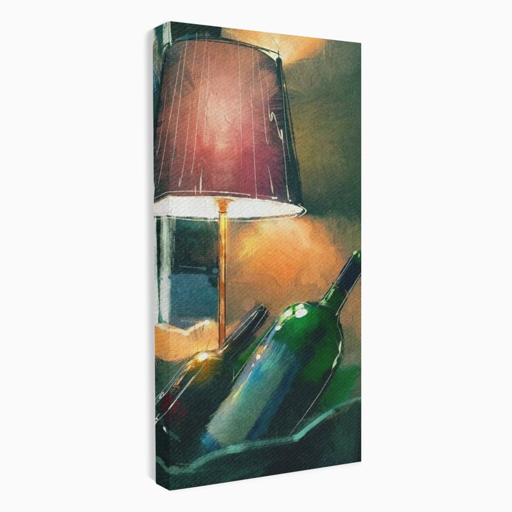 Tablou canvas cu tablou canvas cu lampa si sticle de vin, fara rama, pe sasiu de lemn