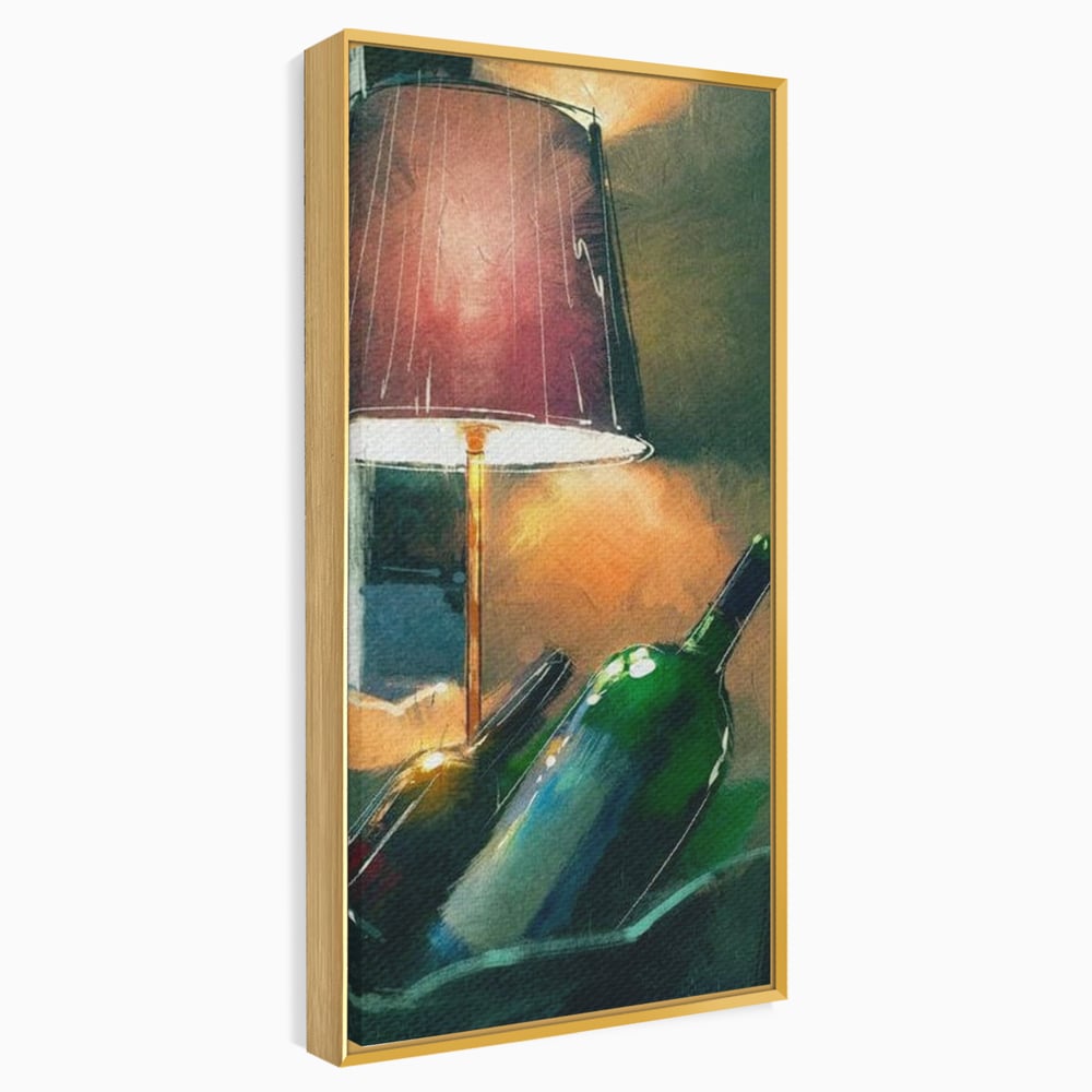 Tablou canvas cu tablou canvas cu lampa si sticle de vin, in rama de aluminiu auriu