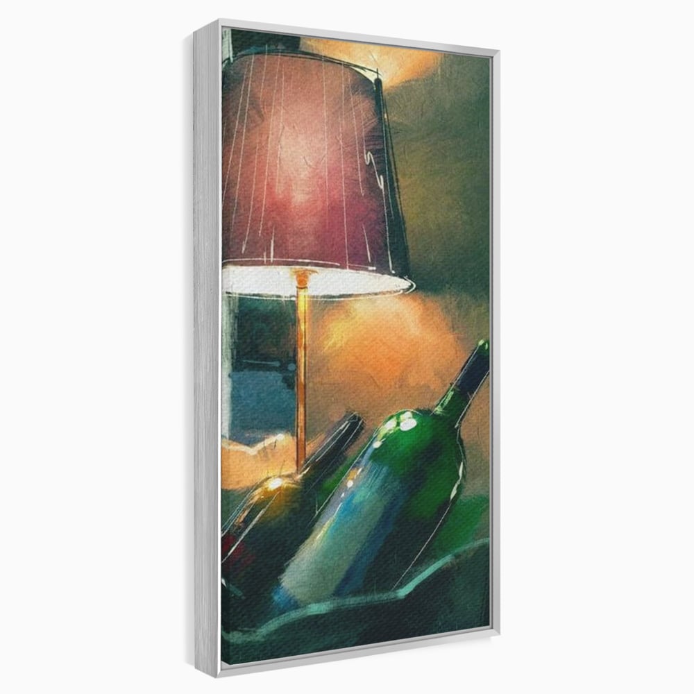 Tablou canvas cu tablou canvas cu lampa si sticle de vin, in rama de aluminiu argintiu