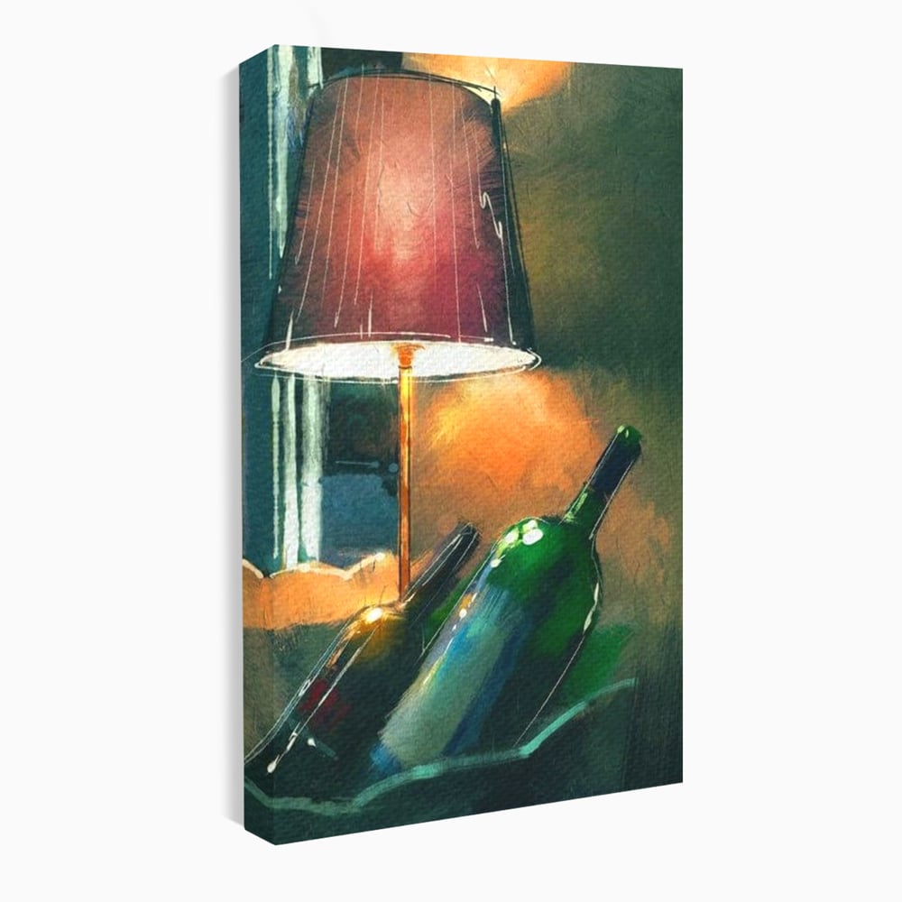 Tablou canvas cu tablou canvas cu lampa si sticle de vin, fara rama, pe sasiu de lemn