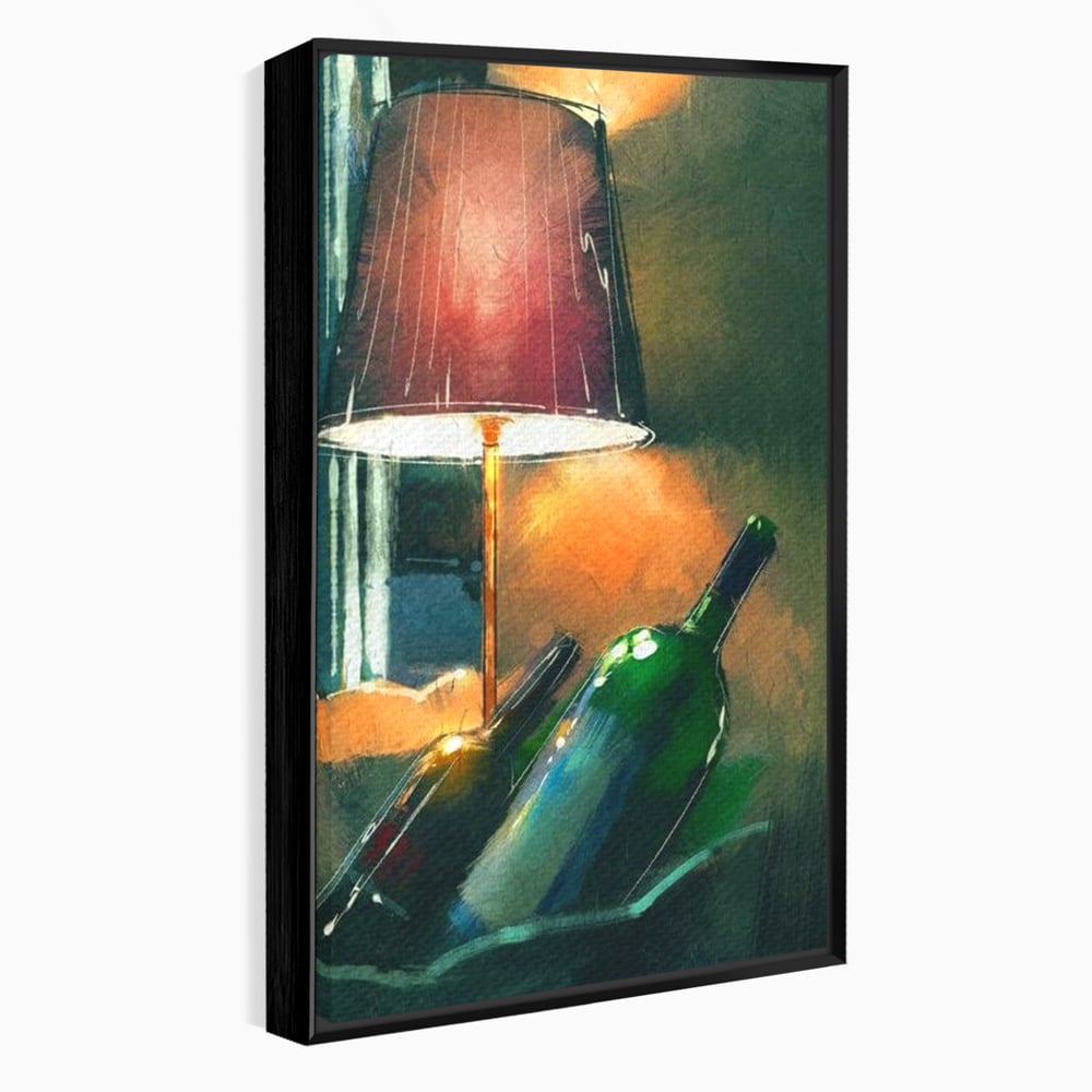 Tablou canvas cu tablou canvas cu lampa si sticle de vin, in rama de aluminiu negru