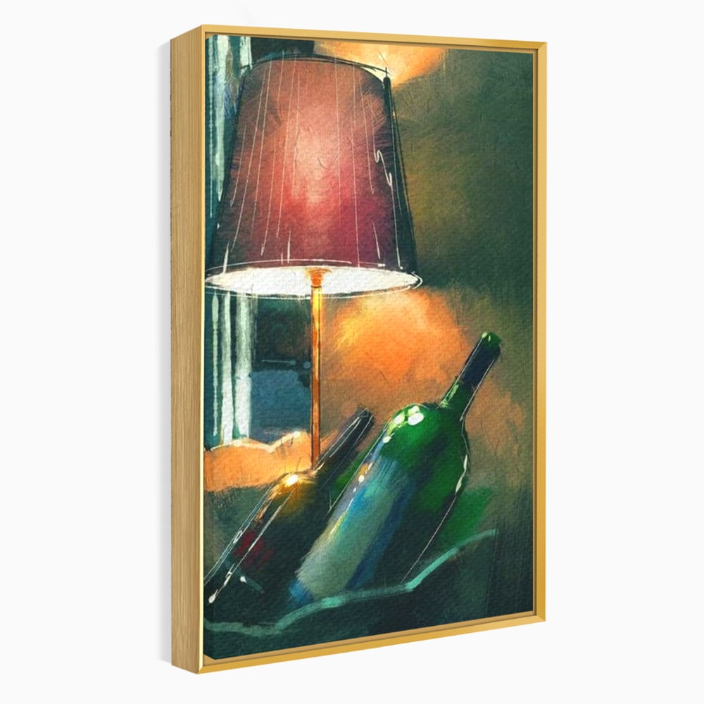 Tablou canvas cu tablou canvas cu lampa si sticle de vin, in rama de aluminiu auriu