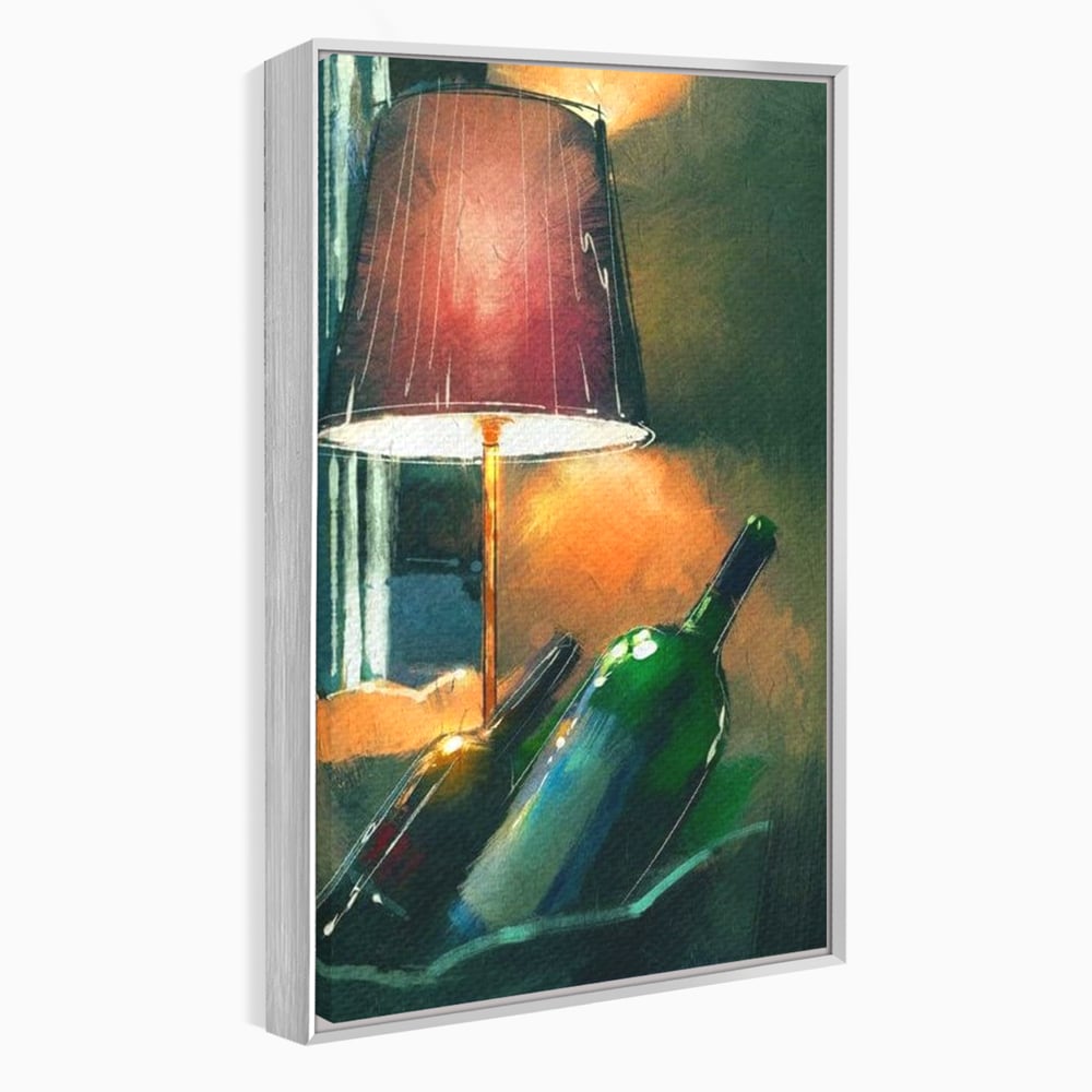 Tablou canvas cu tablou canvas cu lampa si sticle de vin, in rama de aluminiu argintiu