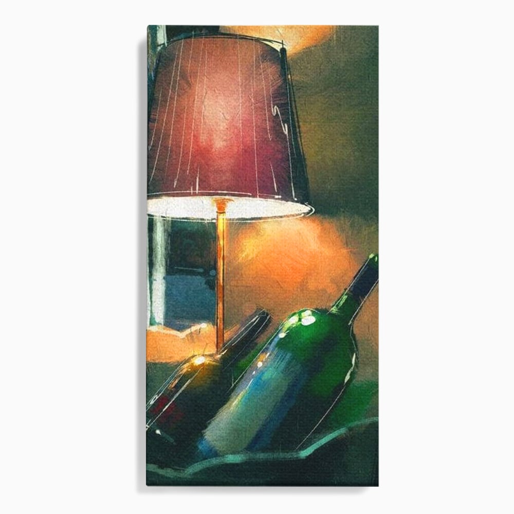 Tablou canvas cu tablou canvas cu lampa si sticle de vin, fara rama, pe sasiu de lemn