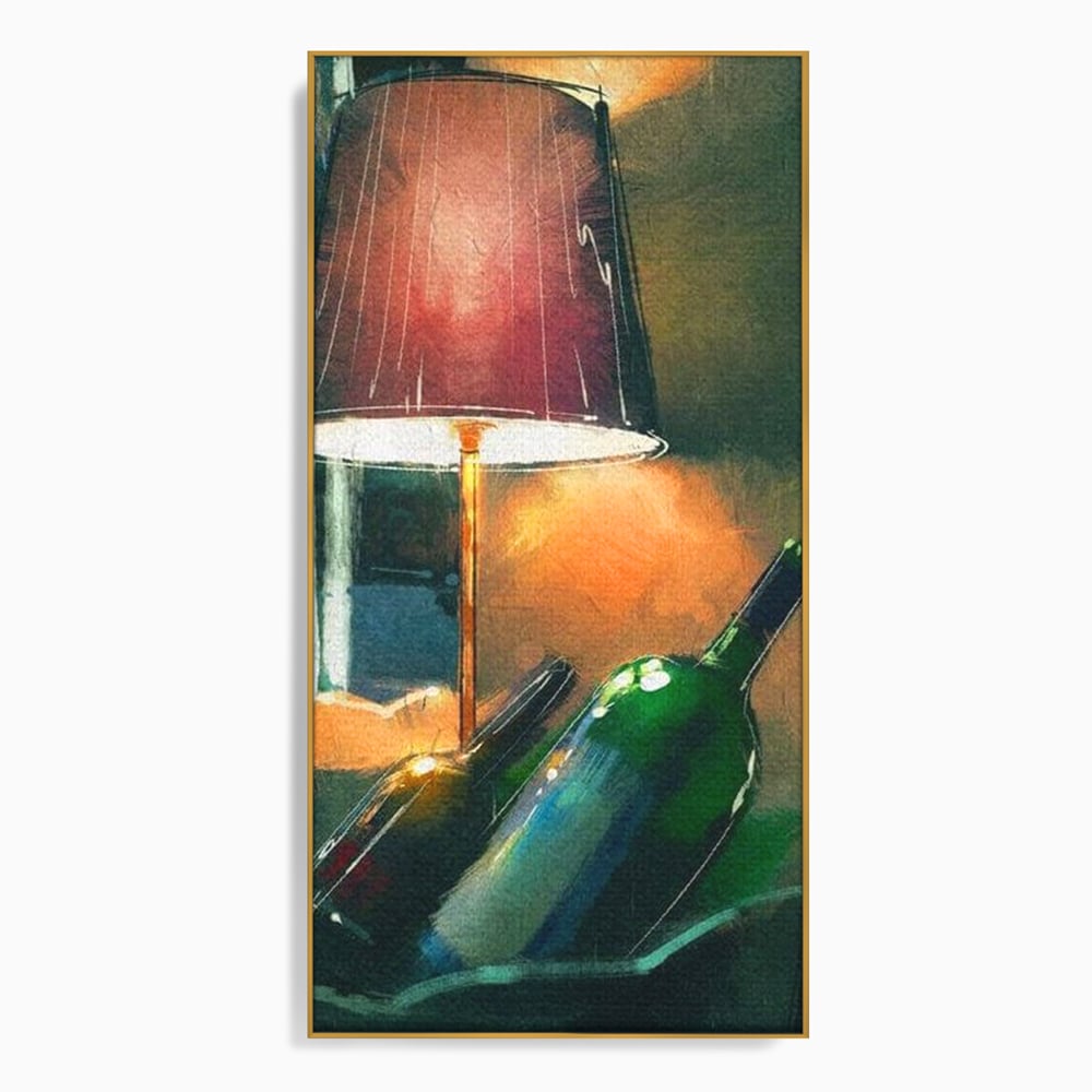 Tablou canvas cu tablou canvas cu lampa si sticle de vin, in rama de aluminiu auriu