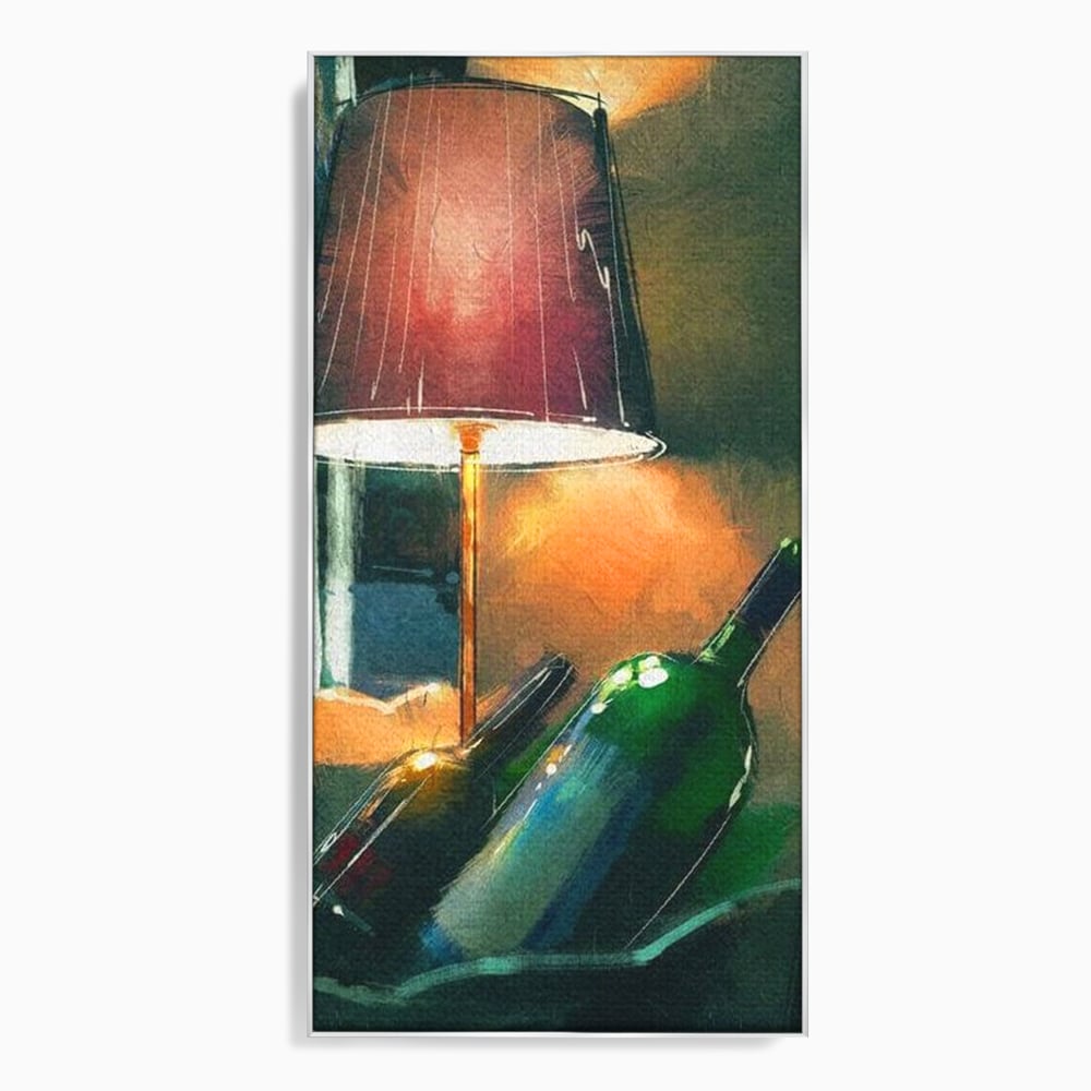 Tablou canvas cu tablou canvas cu lampa si sticle de vin, in rama de aluminiu argintiu