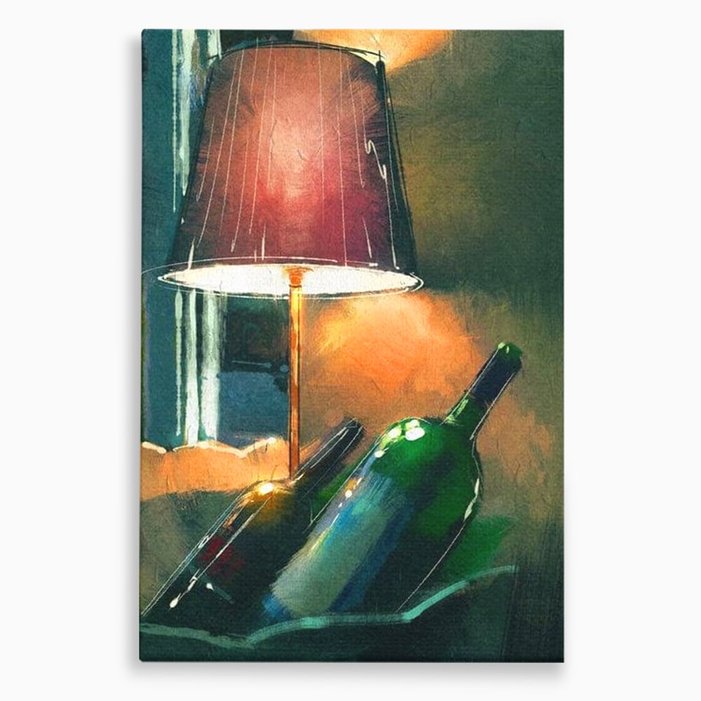 Tablou canvas cu tablou canvas cu lampa si sticle de vin, fara rama, pe sasiu de lemn