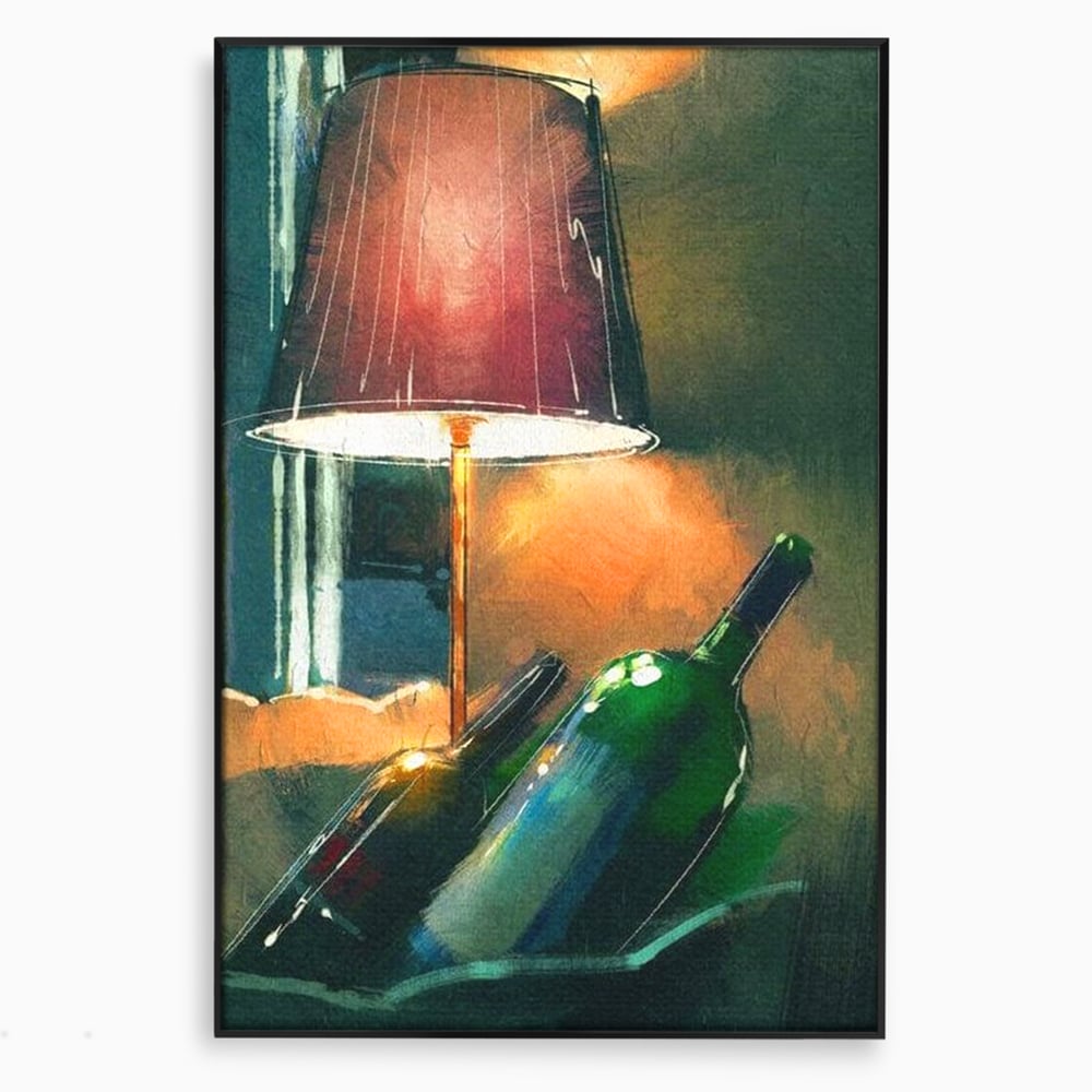 Tablou canvas cu tablou canvas cu lampa si sticle de vin, in rama de aluminiu negru
