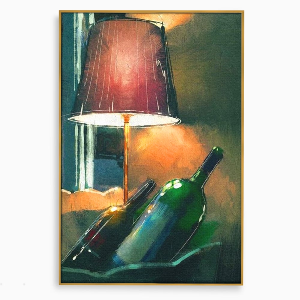 Tablou canvas cu tablou canvas cu lampa si sticle de vin, in rama de aluminiu auriu