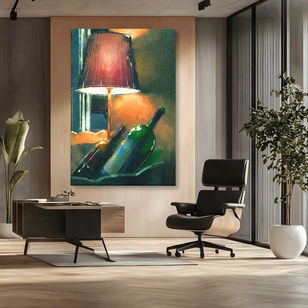 Tablou canvas cu tablou canvas cu lampa si sticle de vin, fara rama, pe sasiu de lemn, pe perete intr-un birou