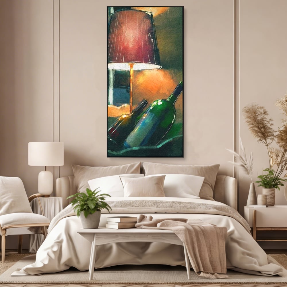Tablou canvas cu tablou canvas cu lampa si sticle de vin, in rama de aluminiu negru, pe perete intr-un dormitor