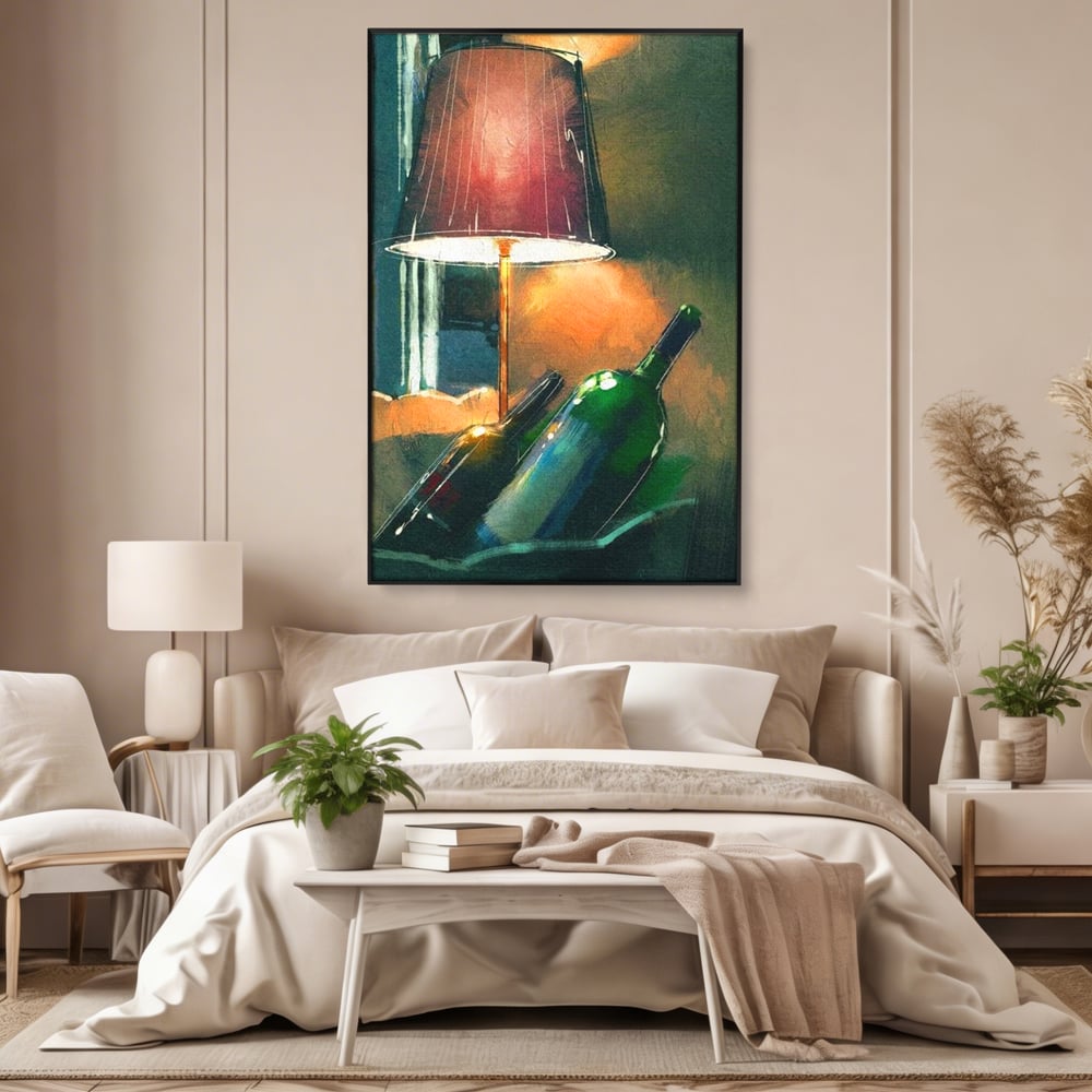 Tablou canvas cu tablou canvas cu lampa si sticle de vin, in rama de aluminiu negru, pe perete intr-un dormitor