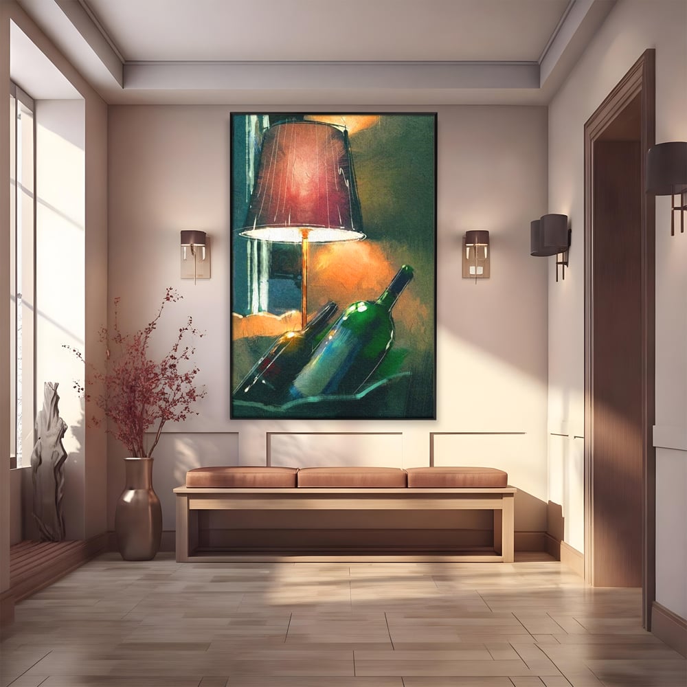 Tablou canvas cu tablou canvas cu lampa si sticle de vin, in rama de aluminiu negru