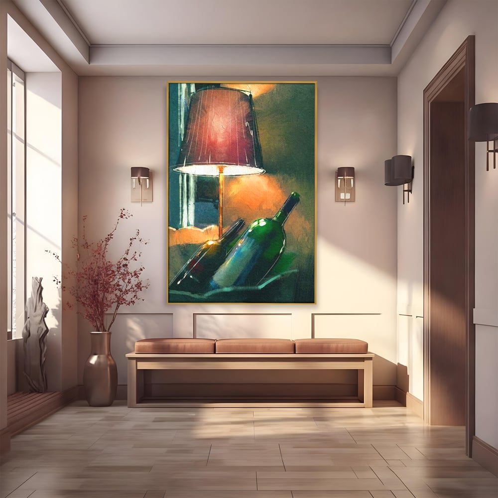 Tablou canvas cu tablou canvas cu lampa si sticle de vin, in rama de aluminiu auriu