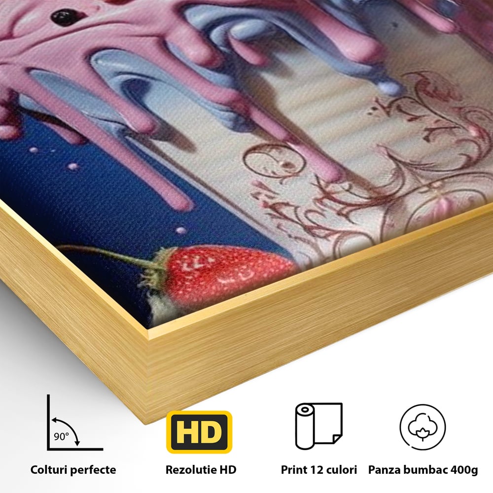 Detaliu al suprafetei: ilustratie digitala cu cupa de desert decorata cu trandafiri, in rama de aluminiu auriu