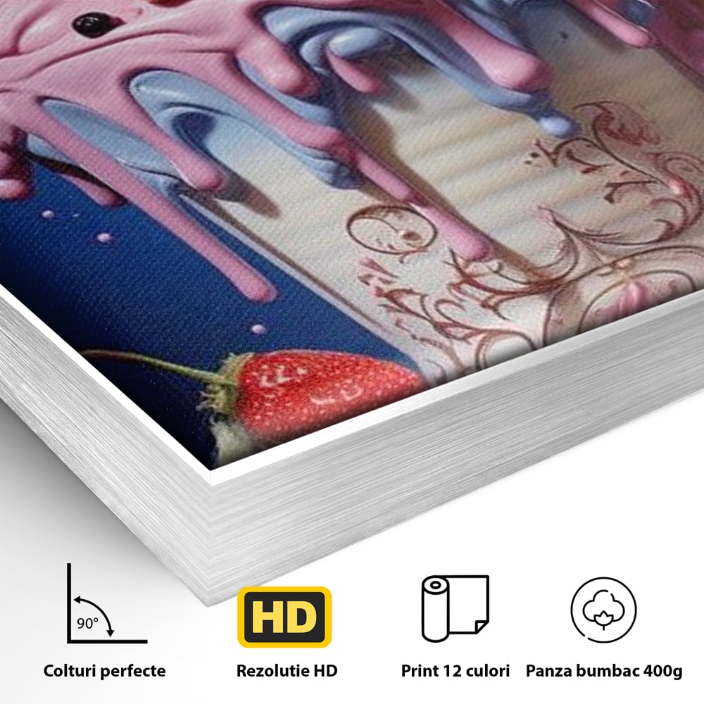 Detaliu al suprafetei: ilustratie digitala cu cupa de desert decorata cu trandafiri, in rama de aluminiu argintiu