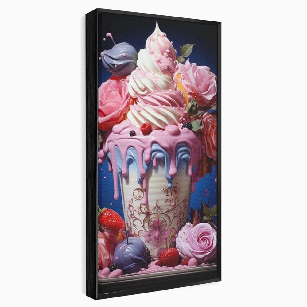 Tablou canvas cu ilustratie digitala cu cupa de desert decorata cu trandafiri, in rama de aluminiu negru