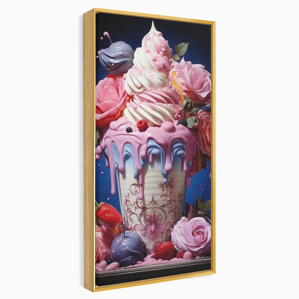 Tablou canvas cu ilustratie digitala cu cupa de desert decorata cu trandafiri, in rama de aluminiu auriu