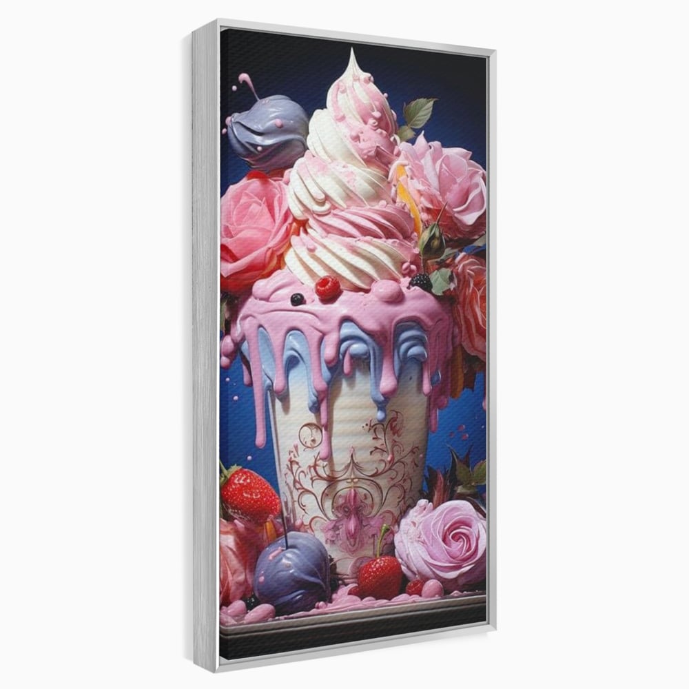 Tablou canvas cu ilustratie digitala cu cupa de desert decorata cu trandafiri, in rama de aluminiu argintiu