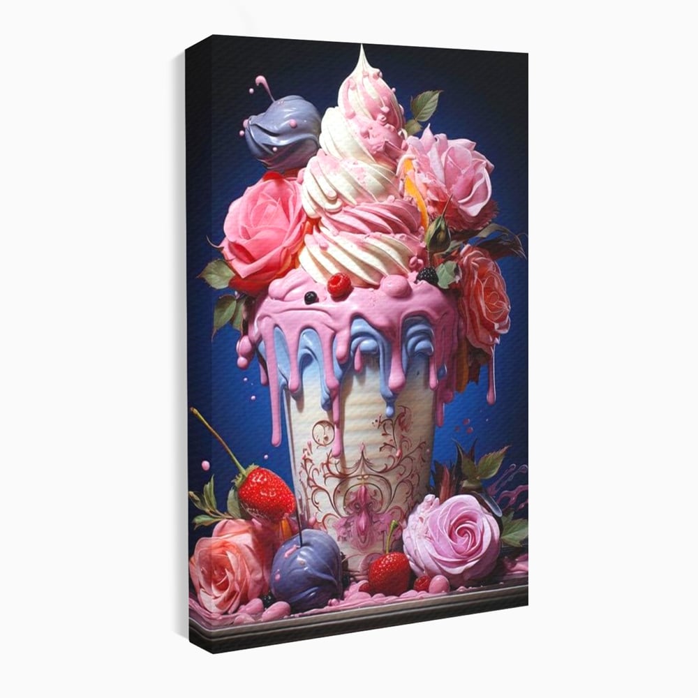 Tablou canvas cu ilustratie digitala cu cupa de desert decorata cu trandafiri, fara rama, pe sasiu de lemn