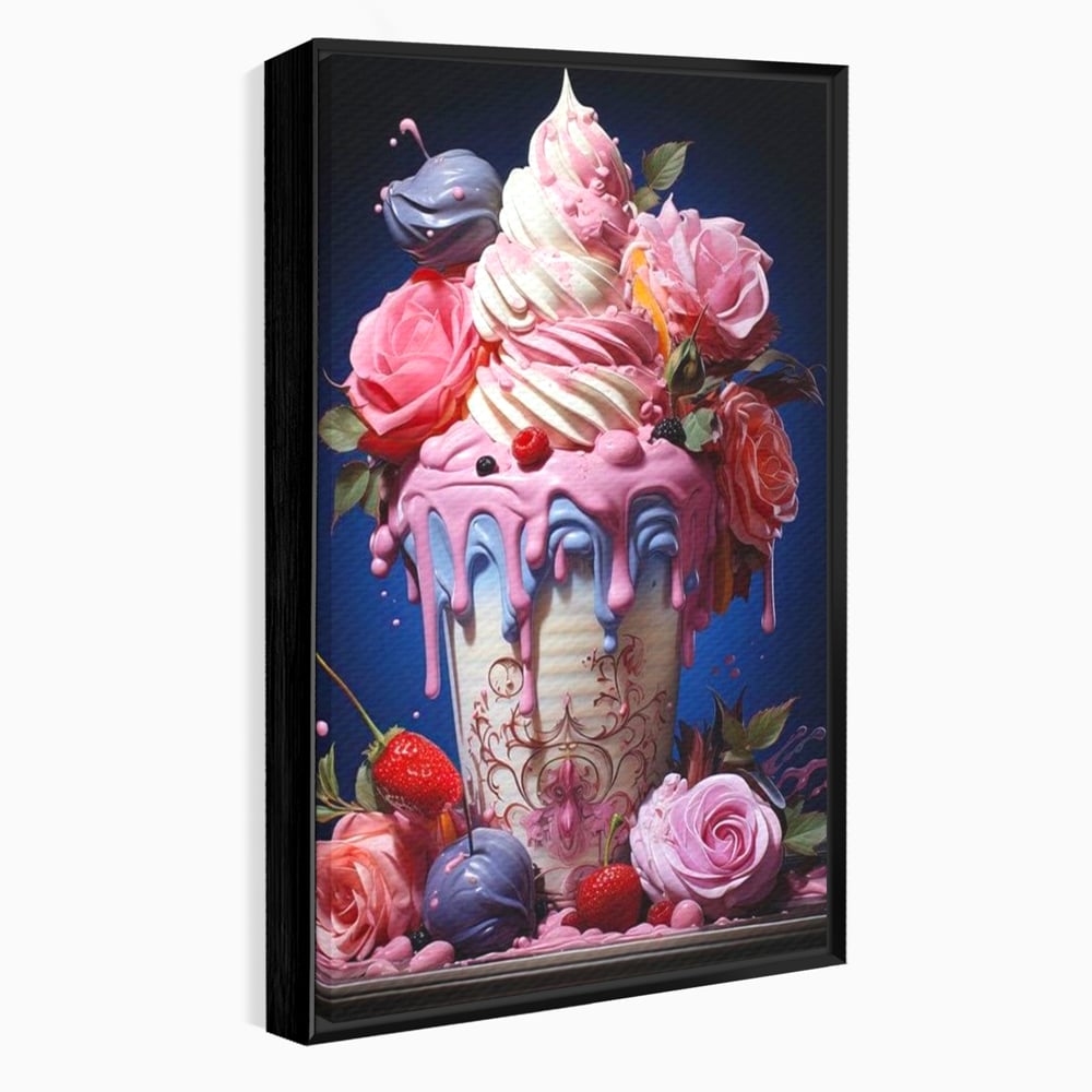 Tablou canvas cu ilustratie digitala cu cupa de desert decorata cu trandafiri, in rama de aluminiu negru