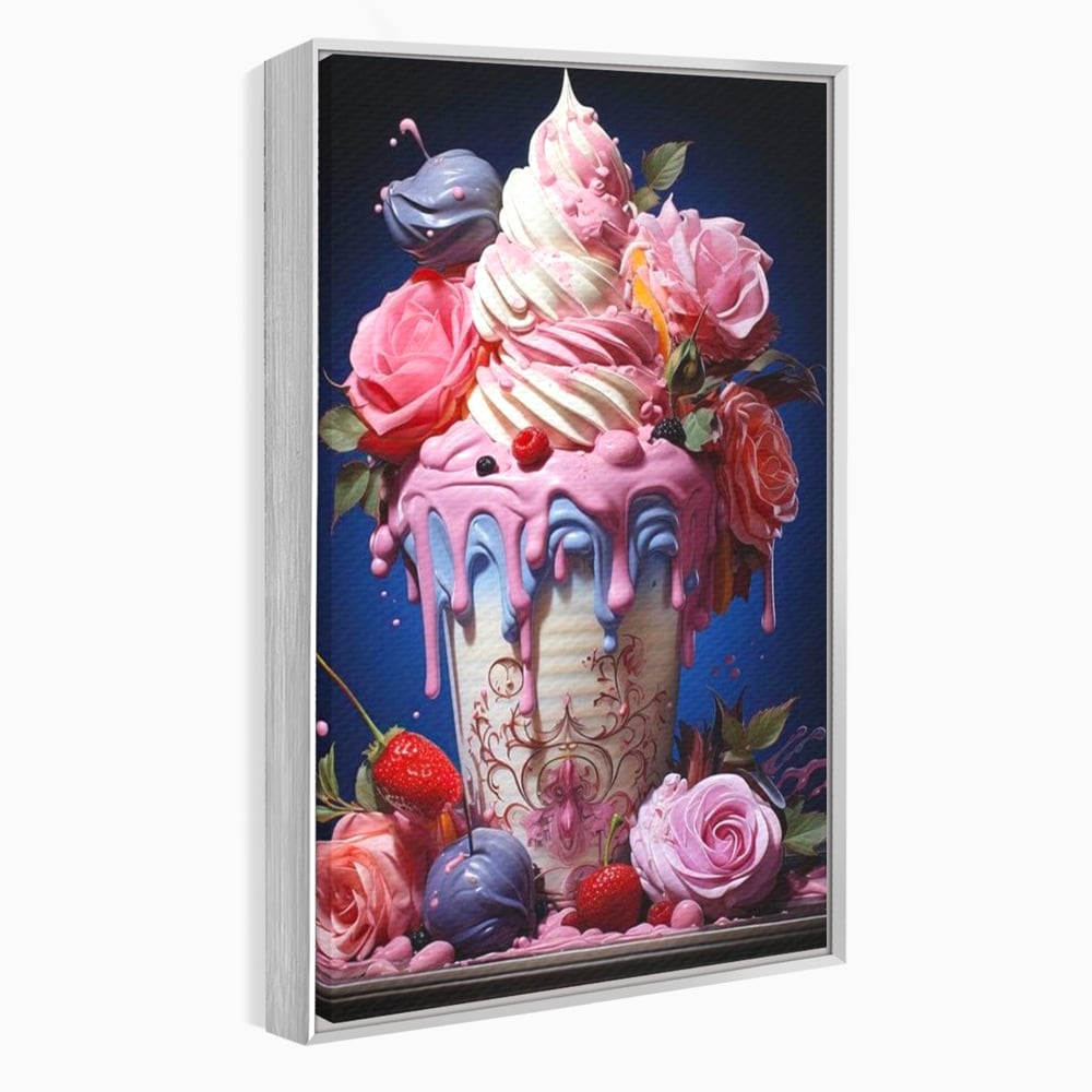Tablou canvas cu ilustratie digitala cu cupa de desert decorata cu trandafiri, in rama de aluminiu argintiu