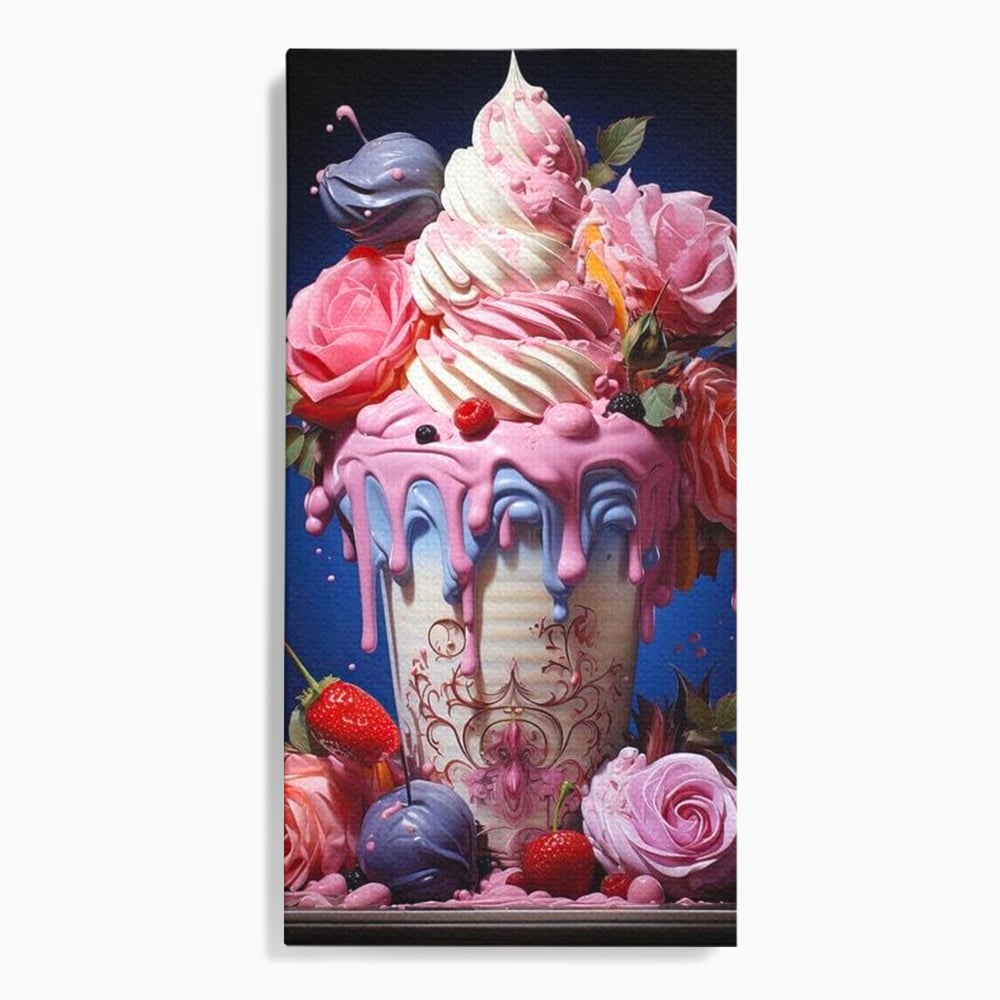 Tablou canvas cu ilustratie digitala cu cupa de desert decorata cu trandafiri, fara rama, pe sasiu de lemn