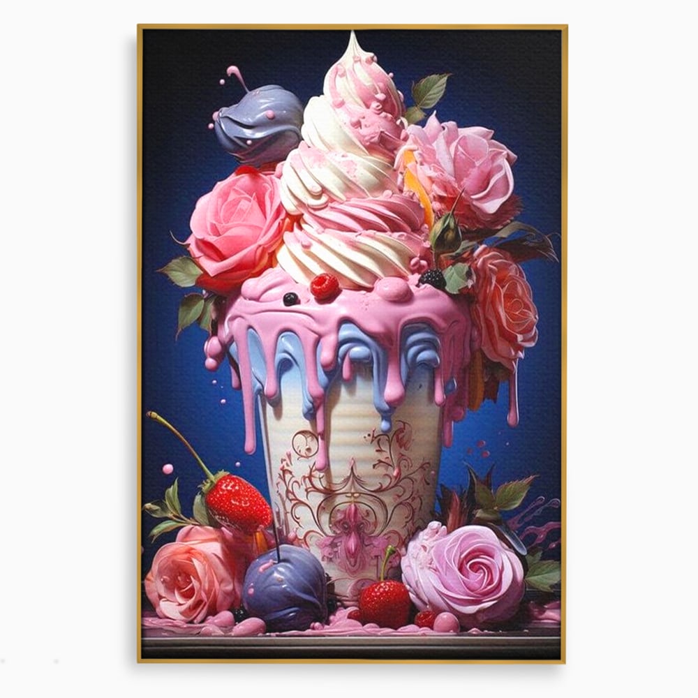 Tablou canvas cu ilustratie digitala cu cupa de desert decorata cu trandafiri, in rama de aluminiu auriu