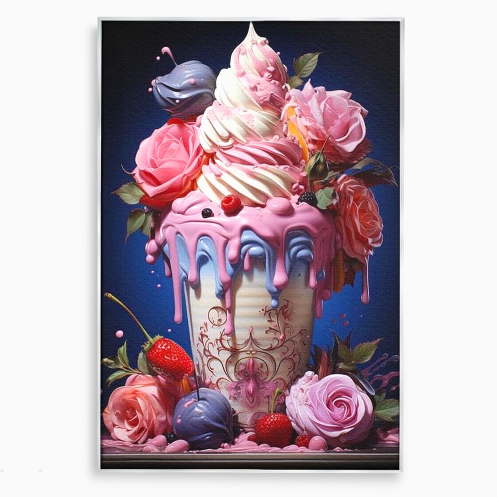 Tablou canvas cu ilustratie digitala cu cupa de desert decorata cu trandafiri, in rama de aluminiu argintiu