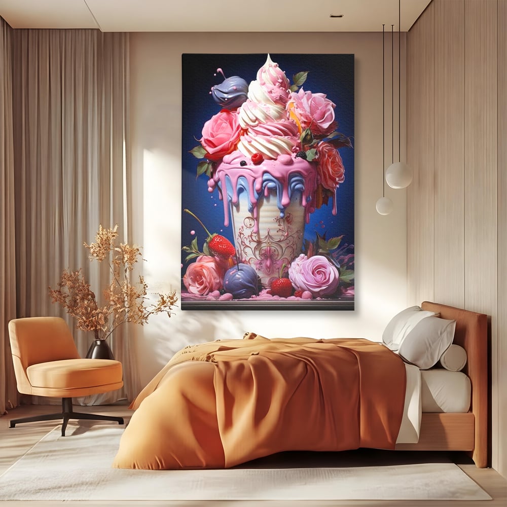 Tablou canvas cu ilustratie digitala cu cupa de desert decorata cu trandafiri, fara rama, pe sasiu de lemn, pe perete intr-un dormitor