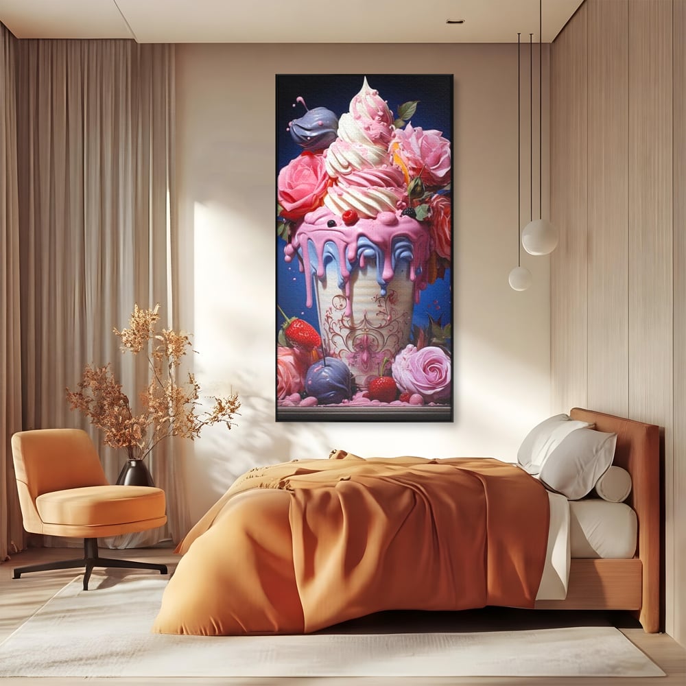 Tablou canvas cu ilustratie digitala cu cupa de desert decorata cu trandafiri, in rama de aluminiu negru, pe perete intr-un dormitor