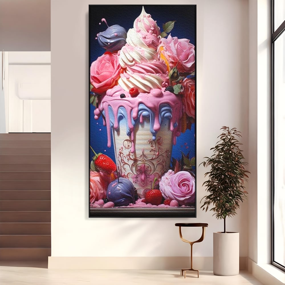 Tablou canvas cu ilustratie digitala cu cupa de desert decorata cu trandafiri, in rama de aluminiu negru