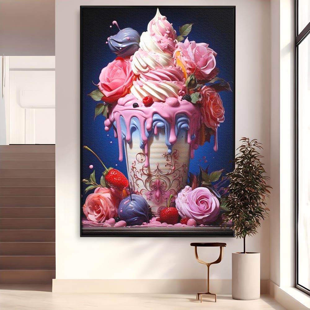 Tablou canvas cu ilustratie digitala cu cupa de desert decorata cu trandafiri, in rama de aluminiu negru