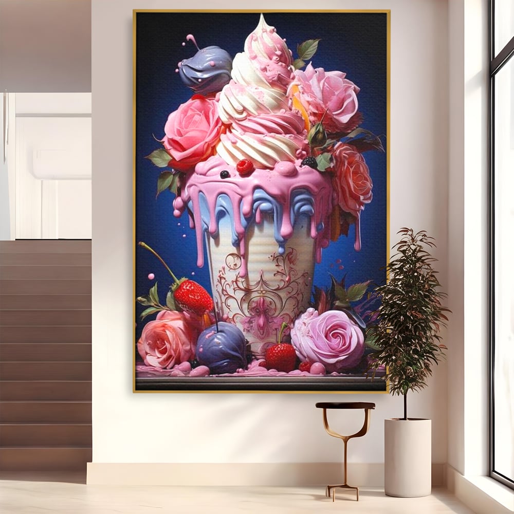 Tablou canvas cu ilustratie digitala cu cupa de desert decorata cu trandafiri, in rama de aluminiu auriu