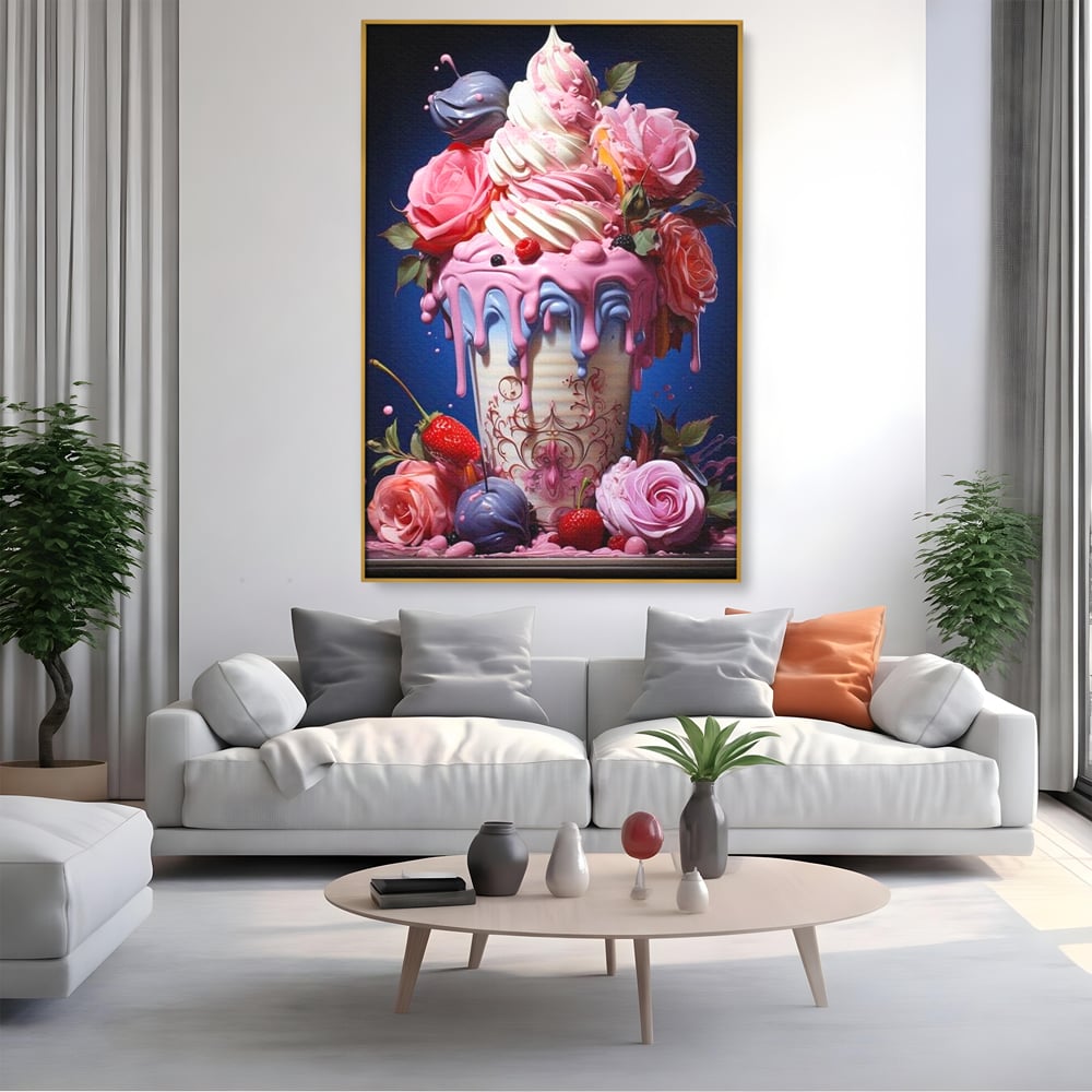 Tablou canvas cu ilustratie digitala cu cupa de desert decorata cu trandafiri, in rama de aluminiu auriu, pe perete intr-un living