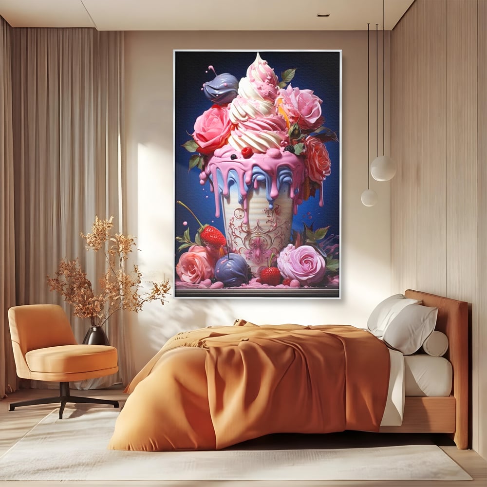 Tablou canvas cu ilustratie digitala cu cupa de desert decorata cu trandafiri, in rama de aluminiu argintiu, pe perete intr-un dormitor