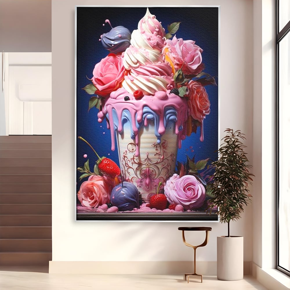 Tablou canvas cu ilustratie digitala cu cupa de desert decorata cu trandafiri, in rama de aluminiu argintiu
