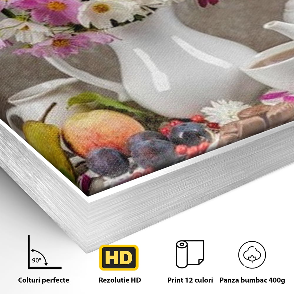 Detaliu al suprafetei: natura moarta cu flori si fructe, in rama de aluminiu argintiu